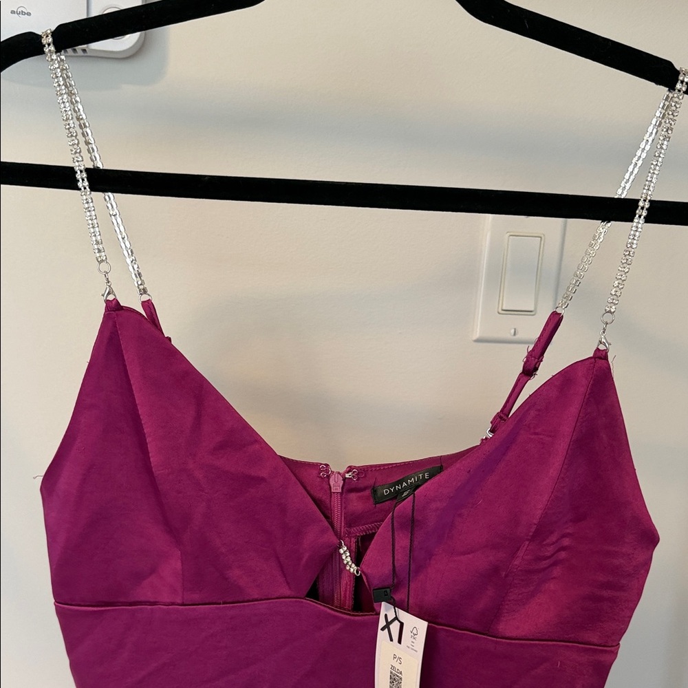 Dynamite satin Magenta Dress with rhinestone Chain Straps